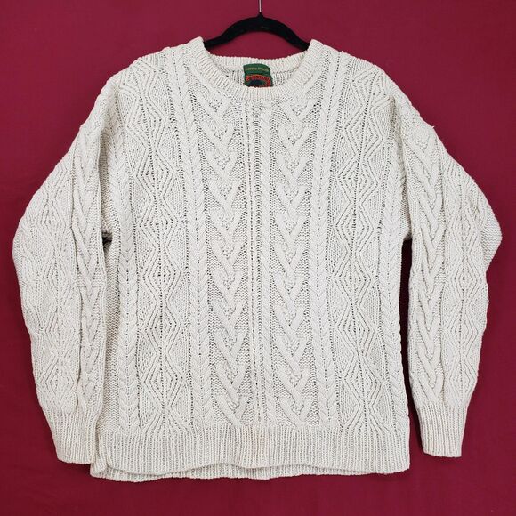 Boston Traders Sweater Mens Large Ivory Cable Knit Fisherman Hand Knit Crewneck - Picture 1 of 8